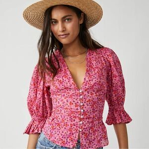 NWOT Free People I Found You Pink Floral Puff Sleeved Top Small